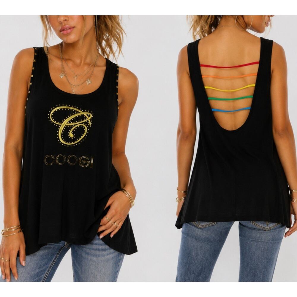 COOGI Black Studded Logo Tank Tunic Mini Dress Women L Large Y2K Sleeveless Top - Picture 2 of 9